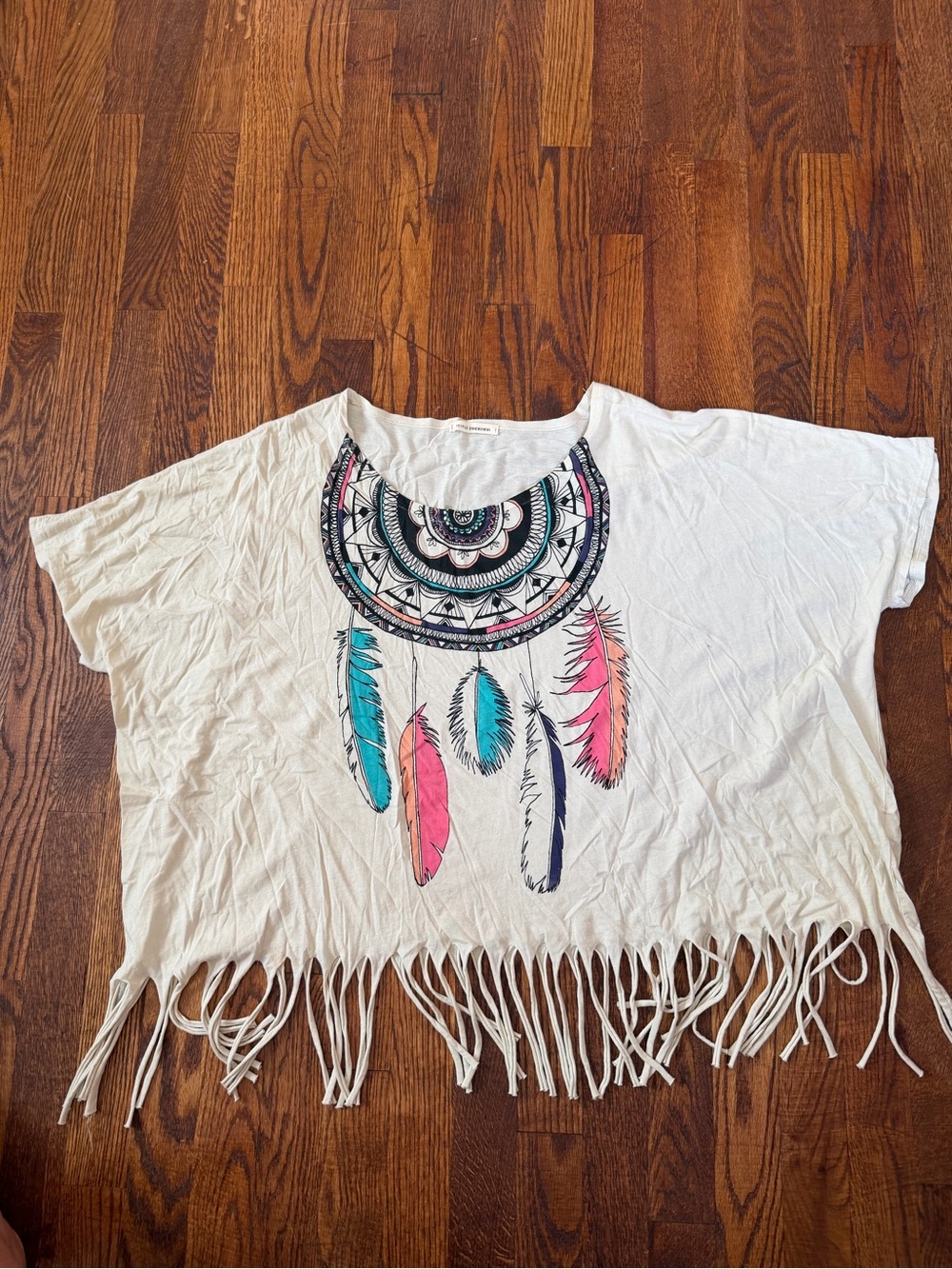 Women's White Fringe Crop Top with Colorful Dreamcatcher Print